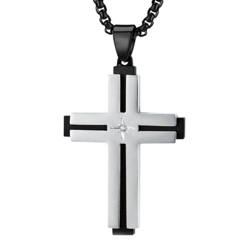 ***COI Titanium Black Rose/Silver Cross Pendant With Cubic Zirconia-01187AA