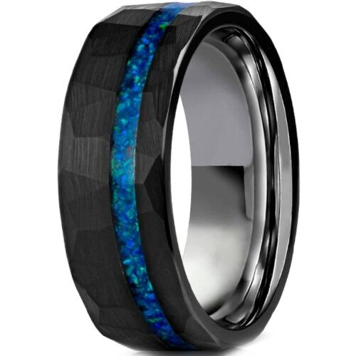 ***COI Black Tungsten Carbide Offset Crushed Opal Hammered Ring-01188AA