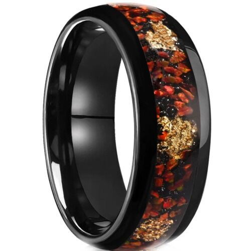 ***COI Black Tungsten Carbide Red Carol Meteorite Gold Foil Dome Court Ring-01192AA
