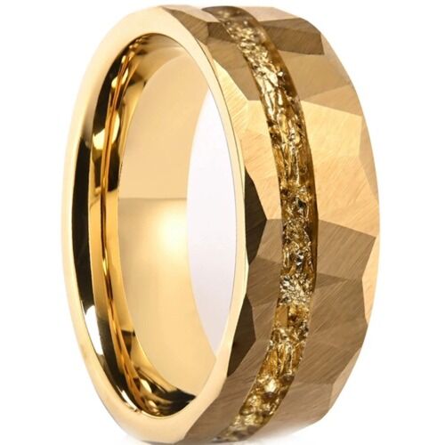 ***COI Gold Tone Tungsten Carbide Gold Foil Hammered Ring-01194AA