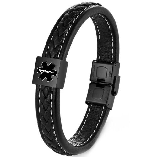 ***COI Black Titanium Medical Alert Genuine Leather Bracelet With Steel Clasp(Length: 9.06 inches)-01197AA