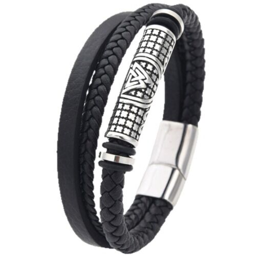 ***COI Titanium Black Silver Trinity Knots Genuine Leather Bracelet With Steel Clasp(Length: 8.27 inches)-01198AA