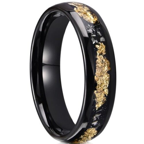***COI Black Tungsten Carbide Meteorite & Gold Foil Dome Court Ring-01202AA