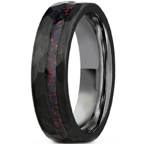 ***COI Black Tungsten Carbide Hammered Ring With Crushed Opal-01203AA