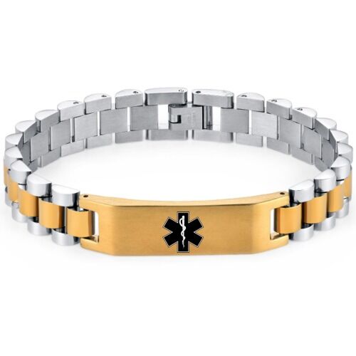 ***COI Titanium Black/Gold Tone/Silver/Black Silver/Gold Tone Silver Medical Alert Bracelet With Steel Clasp(Length: 8.27 inches)-01210AA