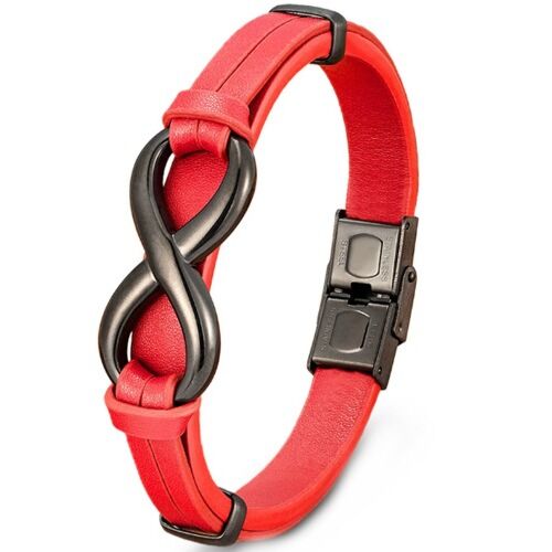 ***COI Black Titanium Infinity Genuine Leather Bracelet With Steel Clasp(Length: 8.27 inches)-01223AA