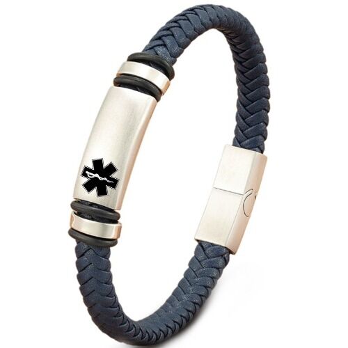 ***COI Titanium Black Silver Medical Alert Genuine Leather Bracelet With Steel Clasp(Length: 9.06 inches)-01224AA