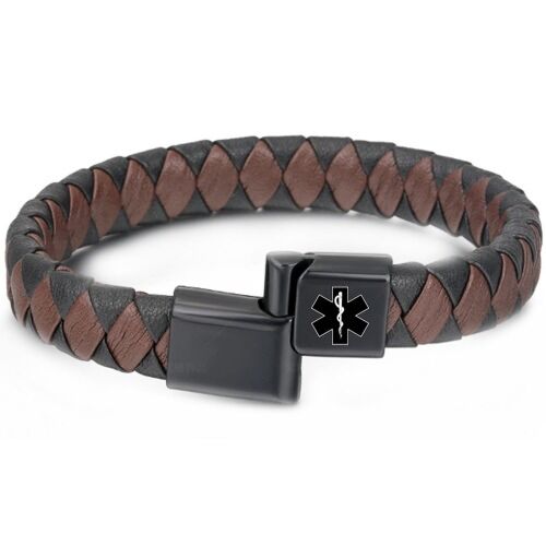 ***COI Black Titanium Medical Alert Genuine Leather Bracelet With Steel Clasp(Length: 8.27 inches)-01225AA
