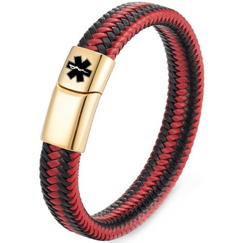 ***COI Gold Tone Titanium Medical Alert Genuine Leather Bracelet With Steel Clasp(Length: 8.27 inches)-01228AA