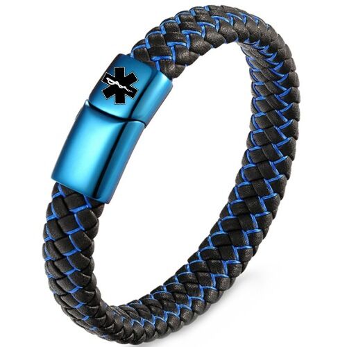 ***COI Blue Titanium Medical Alert Genuine Leather Bracelet With Steel Clasp(Length: 8.27 inches)-01229AA