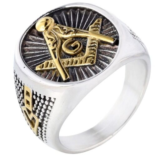 ***COI Titanium Black Silver Gold Tone/Black Gold Tone Masonic Freemason Ring-01232AA