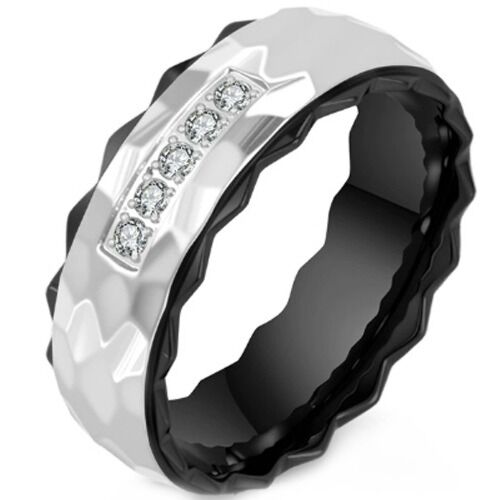 ***COI Titanium Black Silver/Gold Tone Silver Hammered Ring With Cubic Zirconia-01238AA