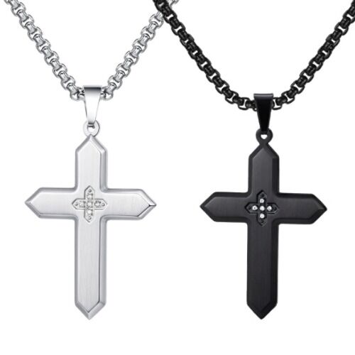 ***COI Titanium Black/Silver Cross Pendant With Cubic Zirconia-01244AA