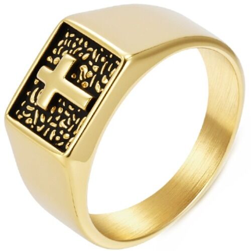 ***COI Titanium Black Gold Tone/Silver Cross Ring-01250AA