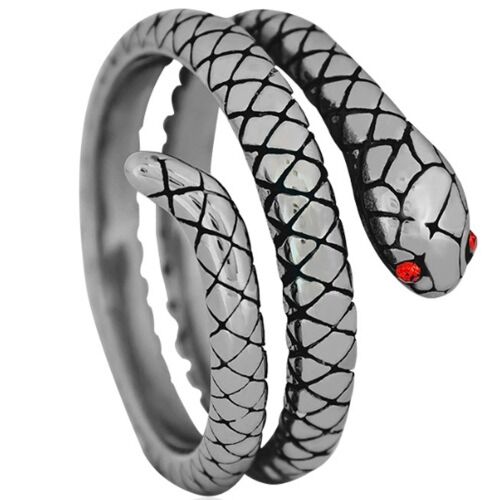 ***COI Titanium Black Silver Snake Ring With Created Red Ruby-01252AA