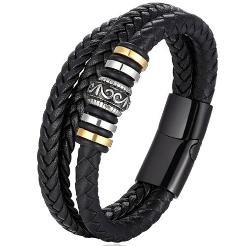 ***COI Titanium Black Gold Tone Silver Celtic Genuine Leather Bracelet With Steel Clasp(Length: 8.27 inches)-01258AA
