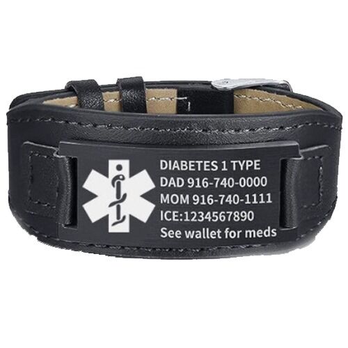 ***COI Titanium Black/Silver Medial Alert Genuine Leather Custom Engraving Bracelet With Steel Clasp(Length: 8.27 inches)-01265AA