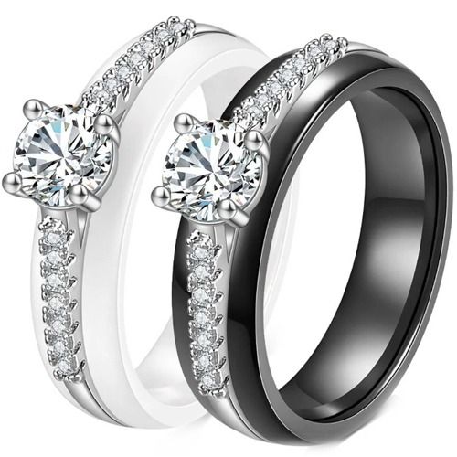 ***COI Titanium Black/White Ceramic Solitaire Ring With Cubic Zirconia-01273AA