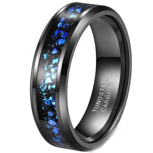 ***COI Black Tungsten Carbide Meteorite & Crushed Opal Beveled Edges Ring-01274AA