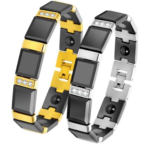 ***COI Titanium Gold Tone/Silver Black Ceramic Cubic Zirconia Bracelet With Steel Clasp(Length: 8.27 inches)-01306AA