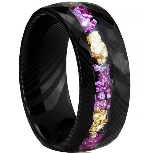 ***COI Black Tungsten Carbide Dome Court Damascus Ring With Gold Foil & Purple Amethyst-01322AA