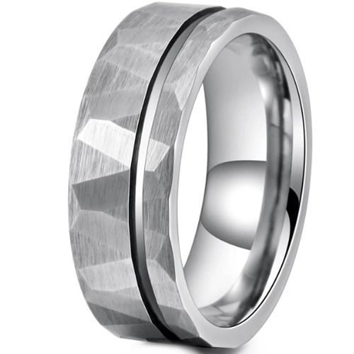 ***COI Tungsten Carbide Offset Groove Faceted Ring-01326AA