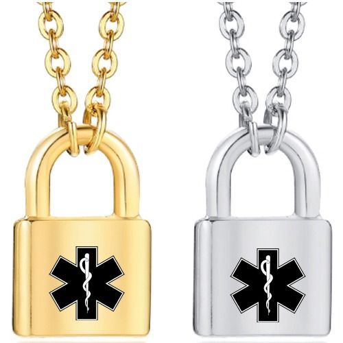 ***COI Titanium Gold Tone/Silver Medical Alert Key Lock Pendant-01349AA