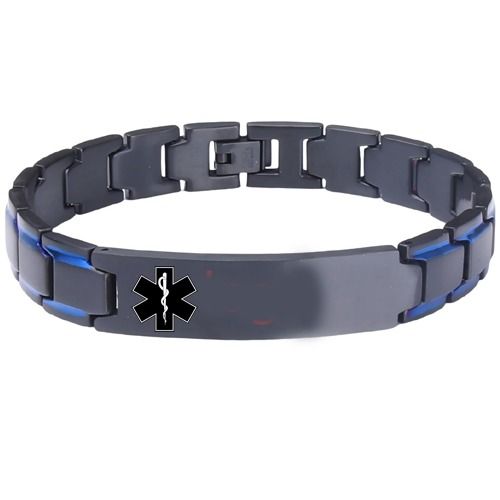 ***COI Titanium Black Blue Medical Alert Bracelet With Steel Clasp(Length: 8.46 inches)-01361AA