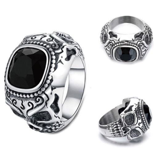 ***COI Titanium Black Silver Skull Ring With Created Red Ruby/Green Emerald/Blue Sapphire/Black Onyx-01364AA