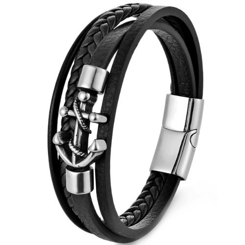 ***COI Titanium Anchor Black Silver Genuine Leather Bracelet With Steel Clasp(Length: 8.27 inches)-01377AA