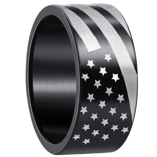 ***COI Titanium Black/Silver American Flag Pipe Cut Flat Ring-01380AA