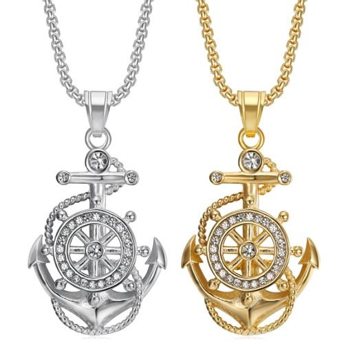 ***COI Titanium Gold Tone/Silver Anchor & Steering Wheel Pendant With Cubic Zirconia-01383AA