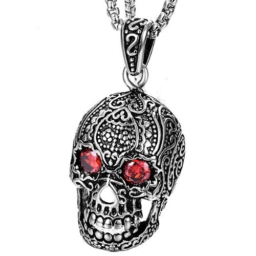 ***COI Titanium Black Silver Skull Pendant With Created Red Ruby-01384AA