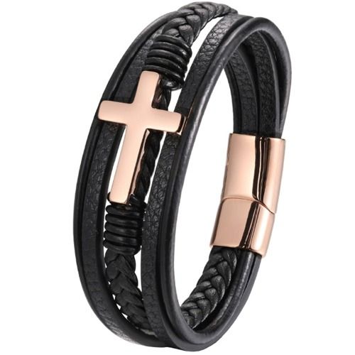 ***COI Titanium Black/Gold Tone/Silver/Rose Cross Genuine Leather Bracelet With Steel Clasp(Length: 8.27 inches)-01388AA