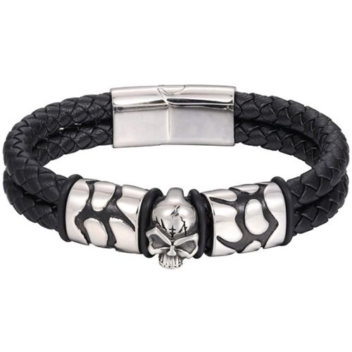***COI Titanium Black Silver Skull Genuine Leather Bracelet With Steel Clasp(Length: 8.27 inches)-01391AA