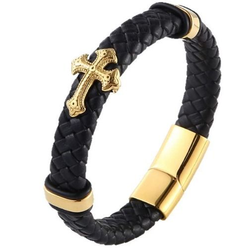 ***COI Gold Tone Titanium Cross Genuine Leather Bracelet With Steel Clasp(Length: 8.46 inches)-01392AA