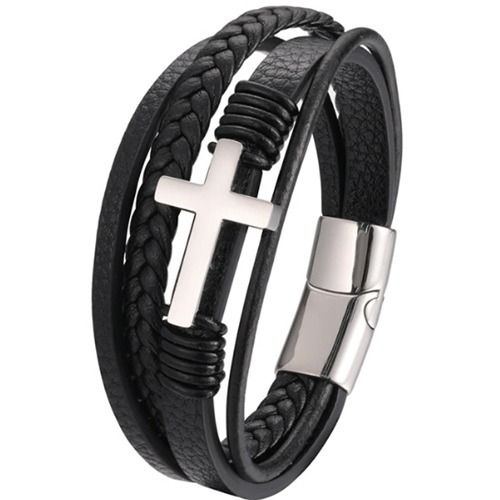 ***COI Titanium Black/Gold Tone/Silver Cross Genuine Leather Bracelet With Steel Clasp(Length: 9.05 inches)-01393AA