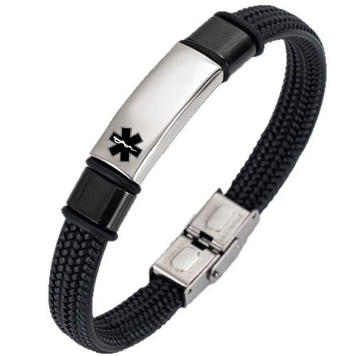 ***COI Titanium Black Silver Medical Alert Genuine Leather Bracelet With Steel Clasp(Length: 8.27 inches)-01398AA