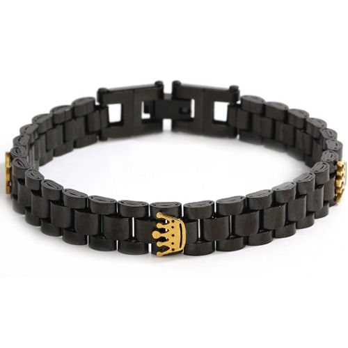 ***COI Titanium Black Gold Tone Crown Bracelet With Steel Clasp(Length: 8.27 inches)-01408AA