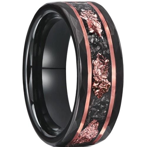 ***COI Tungsten Carbide Black Rose Faceted Ring With Meteorite & Rose Gold Foil-01415AA