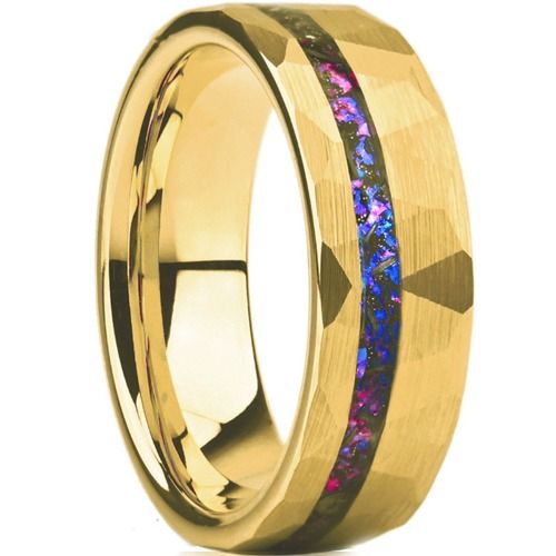 ***COI Gold Tone Tungsten Carbide Faceted Ring With Crushed Opal-01417AA