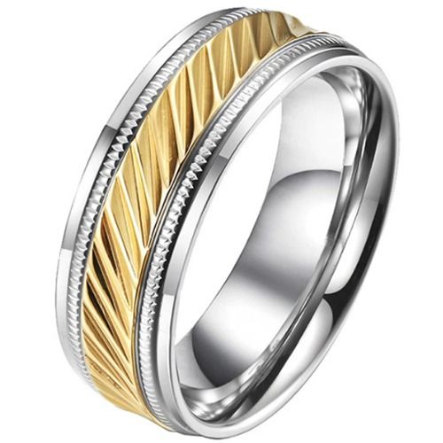 ***COI Titanium Gold Tone Silver Diagonal Grooves Step Edges Ring-01419AA