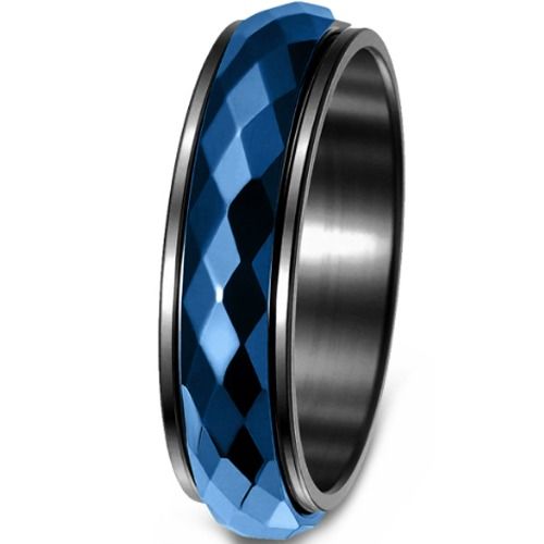***COI Titanium Black Blue Faceted Rotating Ring-01427AA