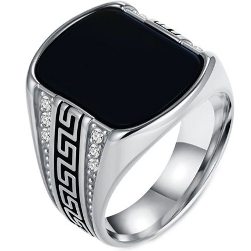 ***COI Titanium Black/Gold Tone/Silver Greek Key Black Onyx Ring With Cubic Zirconia-01431AA
