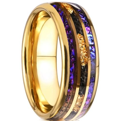 ***COI Gold Tone Tungsten Carbide Meteorite Crushed Opal & Gold Foil Dome Court Ring-01437AA
