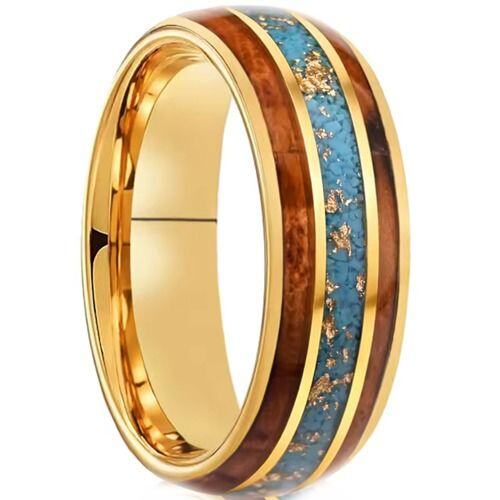 ***COI Gold Tone Tungsten Carbide Turquoise Wood & Gold Foil Dome Court Ring-01438AA