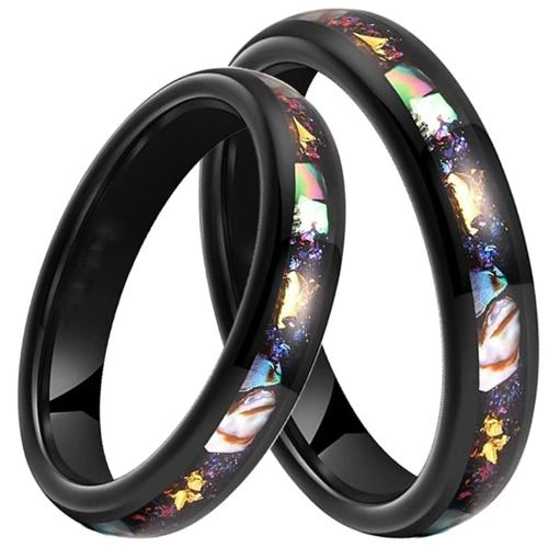 ***COI Black Tungsten Carbide Abalone Shell Meteorite & Gold Foil Dome Court Ring-01439AA