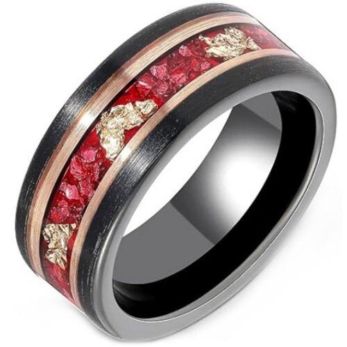 ***COI Tungsten Carbide Black Rose Double Grooves Crushed Opal & Gold Foil Ring-01440AA