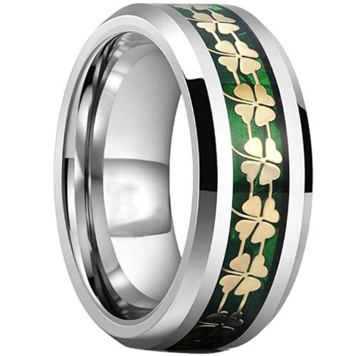 ***COI Tungsten Carbide Silver/Gold Tone Silver Floral Carbon Fiber Beveled Edges Ring-01442AA