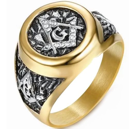 ***COI Titanium Black Gold Tone Silver Masonic Freemason Ring With Cubic Zirconia-01454AA